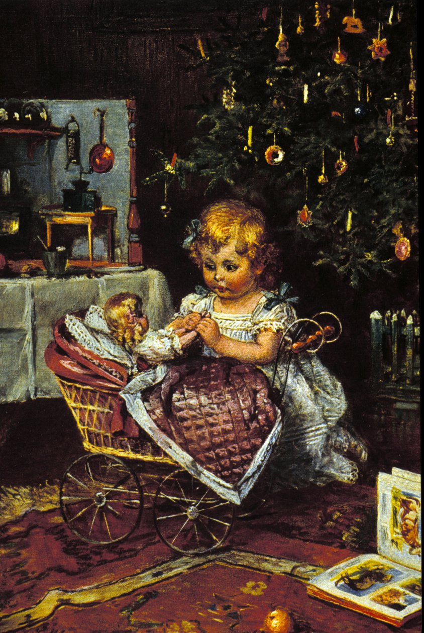 En liten jente oppdager dukken og barnevognen under juletreet. 1800-tallet av Unknown artist