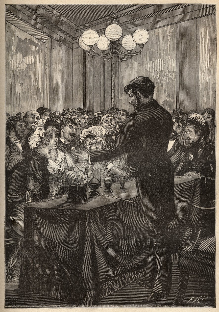 En tryllekunstner som bruker en muskatboks for å få en ball til å dukke opp og forsvinne. Gravering fra 1885 i "" Les arts et metiers illustres"" av Adolphe BITARD. av Unknown artist