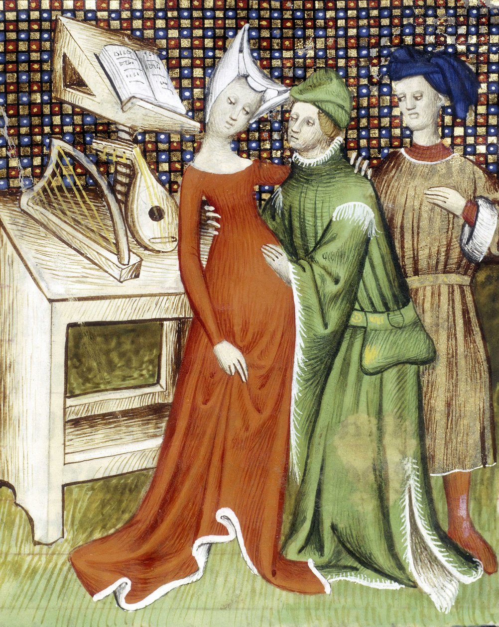En mann holder en kvinne (gravid?) i armene og med hånden hvilende på den runde magen. En annen karakter ser på scenen. Bak dem er det plassert et partitur på et skrivebord med en lutt og en harpe. 1400-talls miniatyr. av Unknown artist