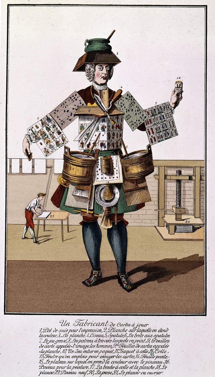 En produsent av spillekort. Gravering fra 1600 - 1700-tallet etter "Spillekortene". av Unknown artist