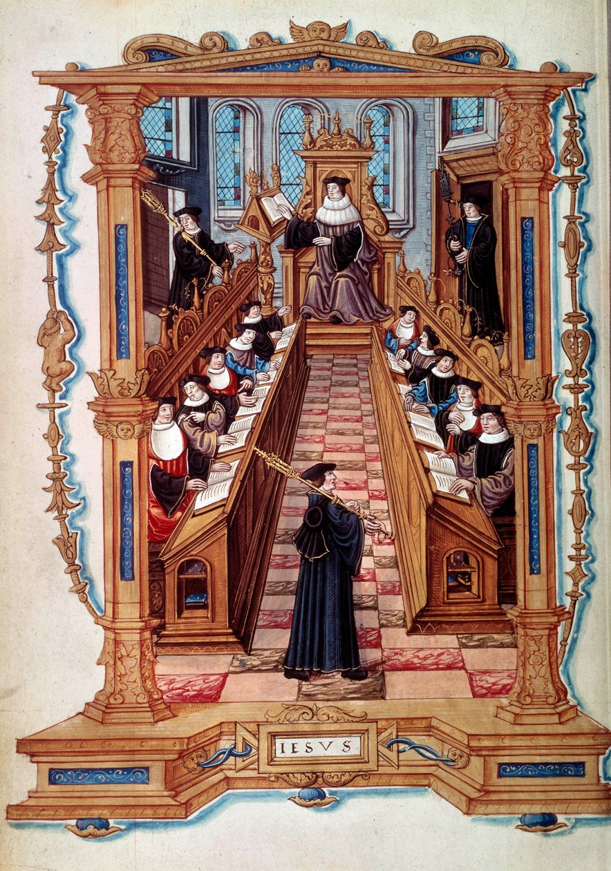 En mesterdomstol i et rom ved Sorbonne-universitetet i Paris i middelalderen. Fra en miniatyr. Det 16. århundre av Unknown artist