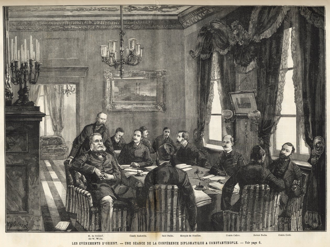 A meeting of the European Conference of Constantinople Serbia-Bulgarian War, Turkey - Serbo-Bulgarian War - A meeting of the diplomatic conference in Constantinople - 1885 - in the illustrious universe of 1886 (Alexander of Nalidov (Nelidoff) (1835-1910) - av Unknown artist