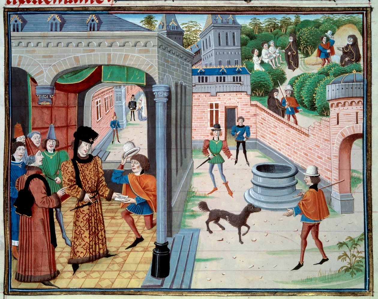 En budbringer. Miniatyr fra manuskriptet «Renaud de Montauban» eller «Les quatre fils Aymon» av Loyset Liedet (aktiv mellom 1448 og 1478). Ms. 5073. Bibliotheque de l'Arsenal fra 1400-tallet, Paris av Unknown artist