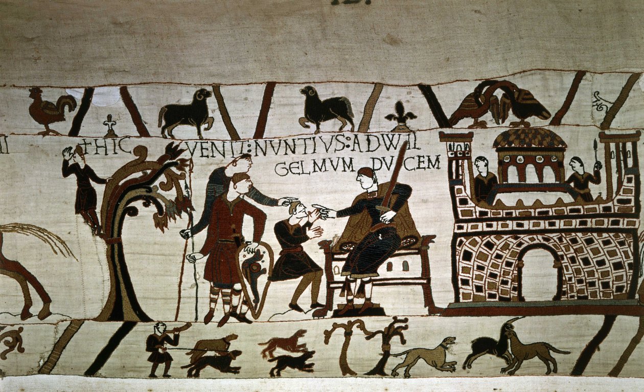 En budbringer til hertug Guillaume (1027 - 1087) - Bayeux-teppe, kjent som Broderi av dronning Mathilde av Unknown artist