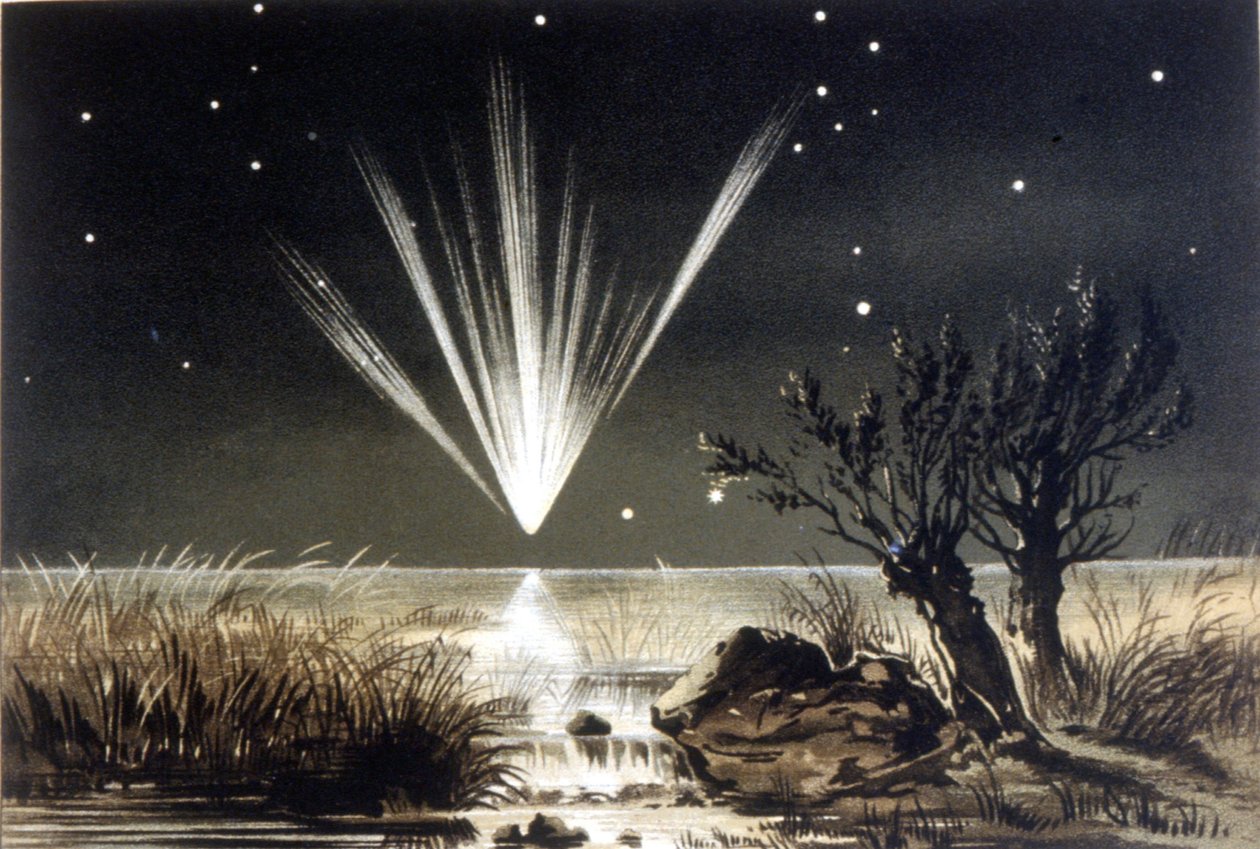 En meteoritt faller i havet. Fargelitografi fra slutten av 1800-tallet av Unknown artist