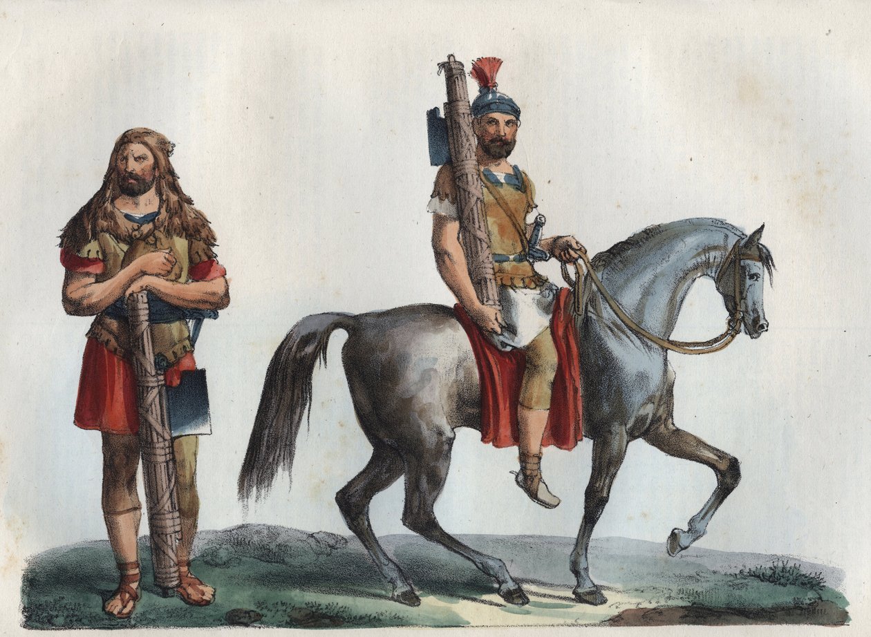 En militær lictor og En militær lictor av kavaleriet - gravering fra "Bruk og skikker til alle folk i universet. Det er historien om regjeringen, lovene, militsen, om religionen til alle nasjoner fra de fjerneste tider til i dag." av Unknown artist