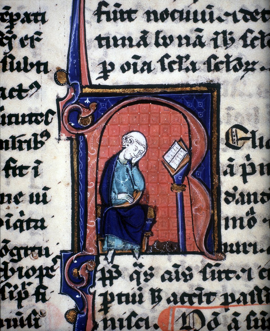 En miniatyrbokstav "R" som representerer en vis mann, hentet fra et manuskript av Aristoteles av Unknown artist