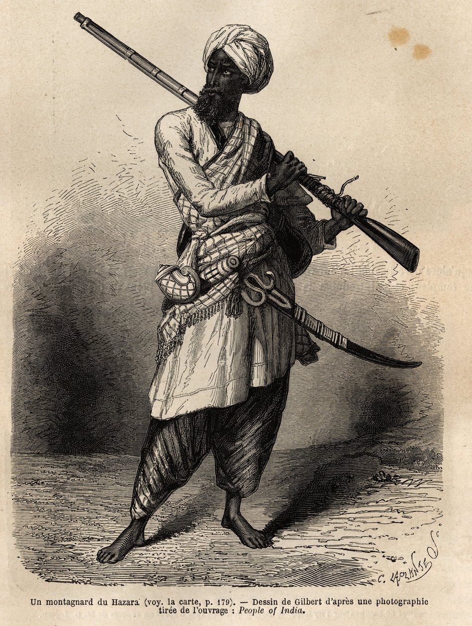 En fjellklatrer fra Hazara (Punjab, India). Gravering for å illustrere reisen til Pandjab og Kashmir, historie av Guillaume Lejean, i 1866, publisert i "Le tour du monde, nouveau journal des voyages", under ledelse av Edouard Charton av Unknown artist