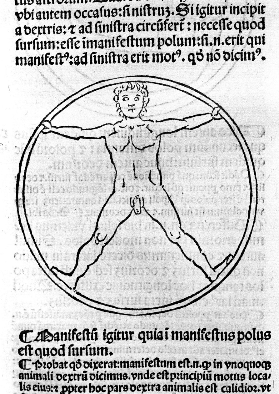 En side med "The Philosophy of the Poor" av Albert den store (= Albert Magnus 1206 - 1280). Illustrasjon som viser en mann i en sirkel. Brescia 1493 av Unknown artist
