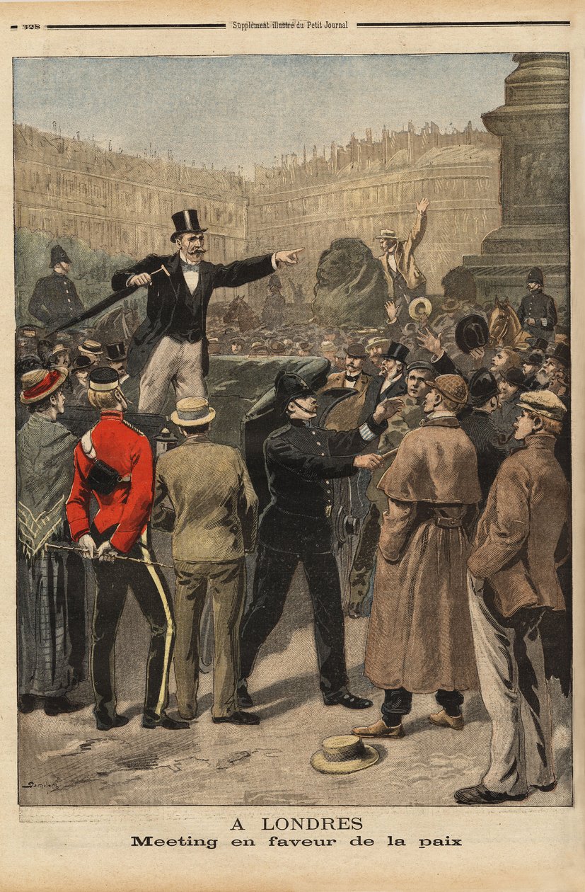 Et fredsmøte på Transvaal, Trafalgar square, London. Gravering i "" Le petit journal"" 8/9/1899. Selva samling. av Unknown artist