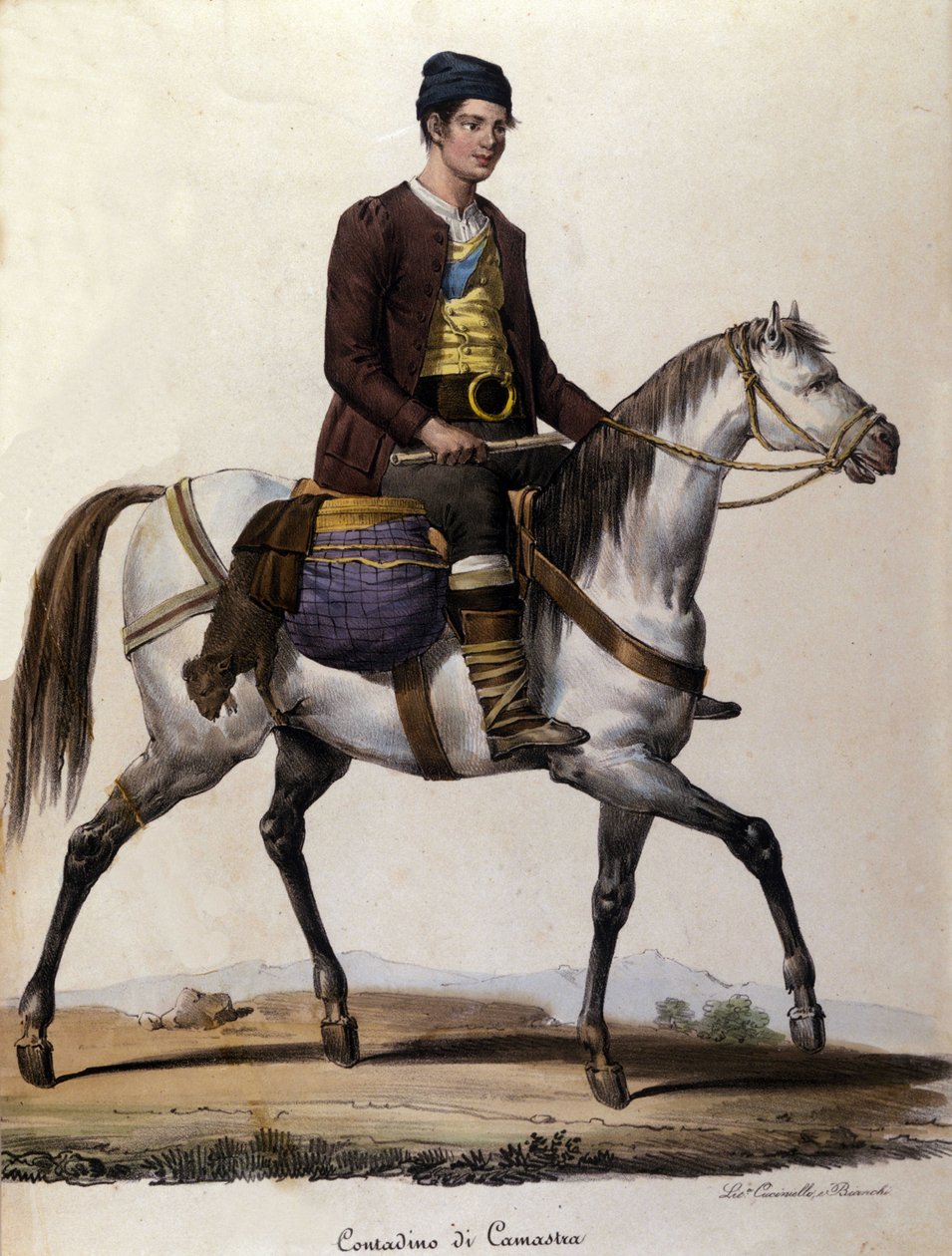 En bonde på hesteryggen, i nærheten av Camastra på Sicilia Gravering på 1800-tallet av Unknown artist