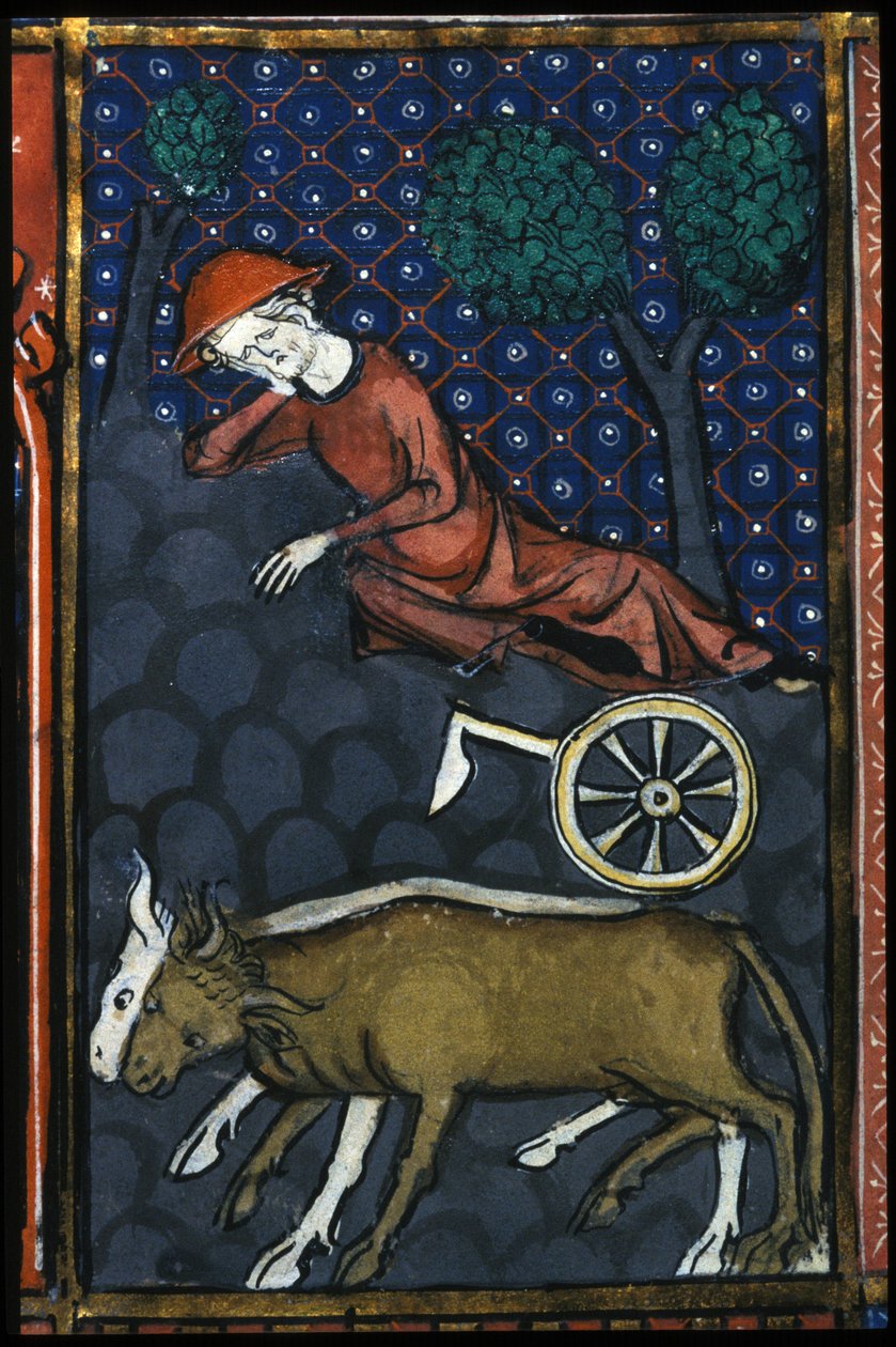 En bonde hviler, ved siden av ham okser og en miniatyrplog fra 1300-tallet. av Unknown artist