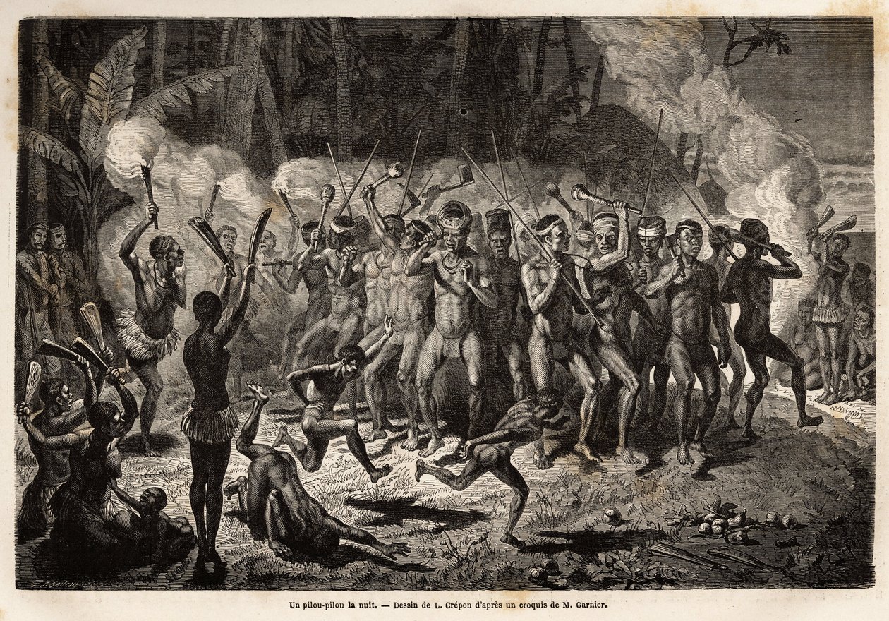 En pilou-pilou (eller pille eller pille) om natten, en tradisjonell dans av kanak-stammeseremonier. Gravering for å illustrere turen til Ny-Caledonia, av Jules Garnier, sivilingeniør i gruver, i 1863-1866, publisert i "Le tour du monde, nouveau jour av Unknown artist