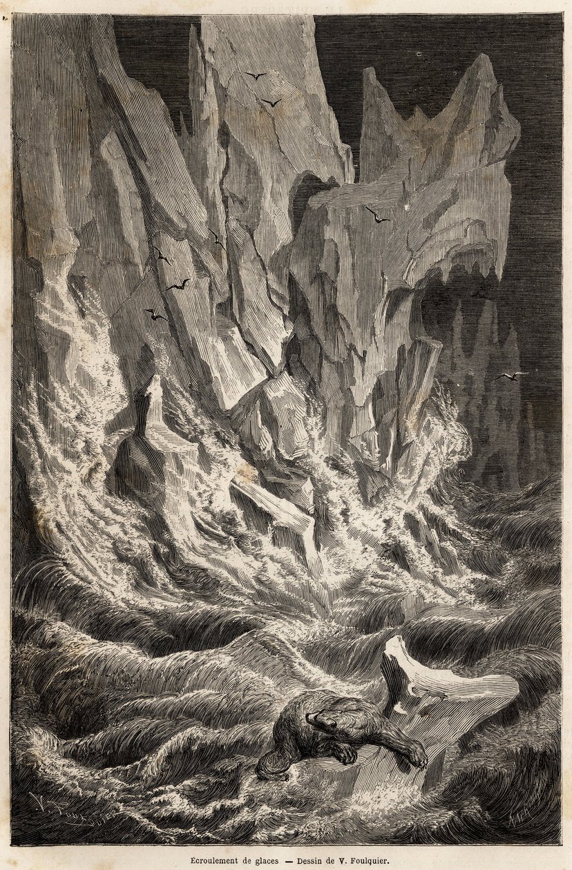 En isbjørn stammer fra et isfjell, etter kollapsen av en isblokk fra Spitzberg, en øygruppe i Polhavet, tegnet av V.Foulquier, for å illustrere Spitzberget i 1838-1839, av Charles Martins. Gravering i "" Le tour du monde"", redigert av av Unknown artist