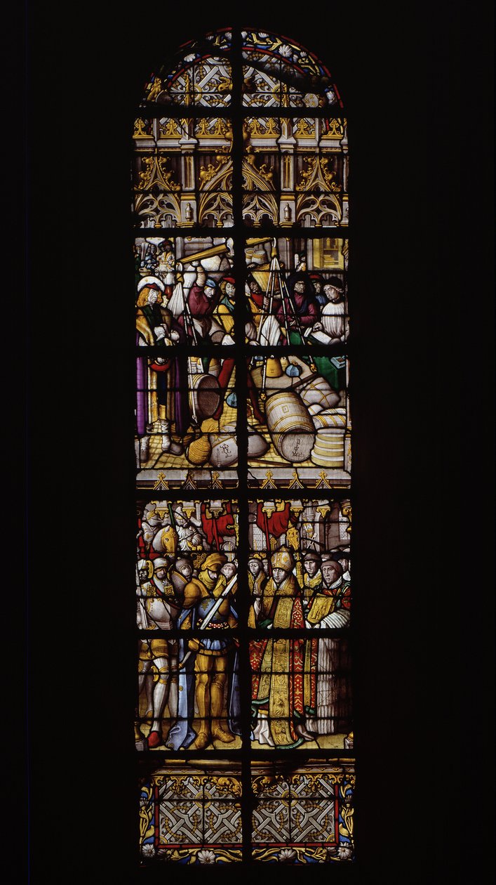 En rett til vekt og mål, garantert ved tilstedeværelse av en passende kontrollør (øverst). Chilperic ønsket velkommen av evequeen i Tournai etter nederlaget av broren Sigebert (nederst). Farget glass ved Cathedrale de Tournai: Tverrarm høyre (3). av Unknown artist