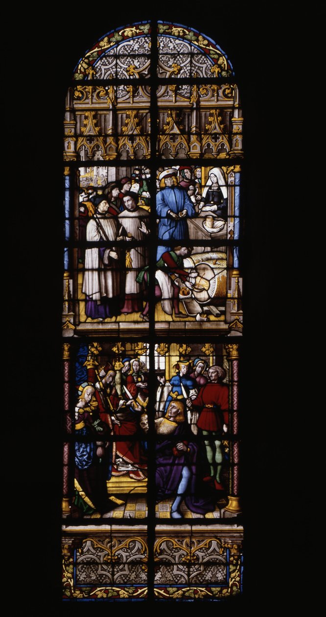 En royalty på salg av vin, var og ved disken (øverst). Til gullpris, Fredegonde bevæpnet med en forgiftet dolk to shekar av Therouanne (lav). Farget glass ved Cathedrale de Tournai: Tverrarm høyre (4). av Unknown artist