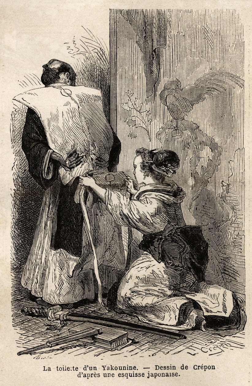 En samurais toalett, en ung hushjelp hjelper henne å binde kimonoen hennes. Gravering for å illustrere reisen til Japan, i 1863-1864, av Aime Humbert, minister for det sveitsiske konføderasjonen, i "" Le tour du monde, nouveau journal des voyages"" utgitt  av Unknown artist