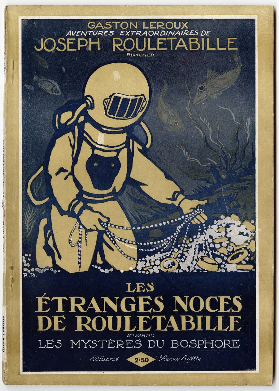 En åtseleter oppdager en skatt på havets bunn, omslagsillustrasjon til romanen «Rullstolens merkelige bryllup, del 2: Bosporos#39; mysterier» av Gaston Leroux (1868–1927), utgave Pierre Lafitte, Paris av Unknown Artist