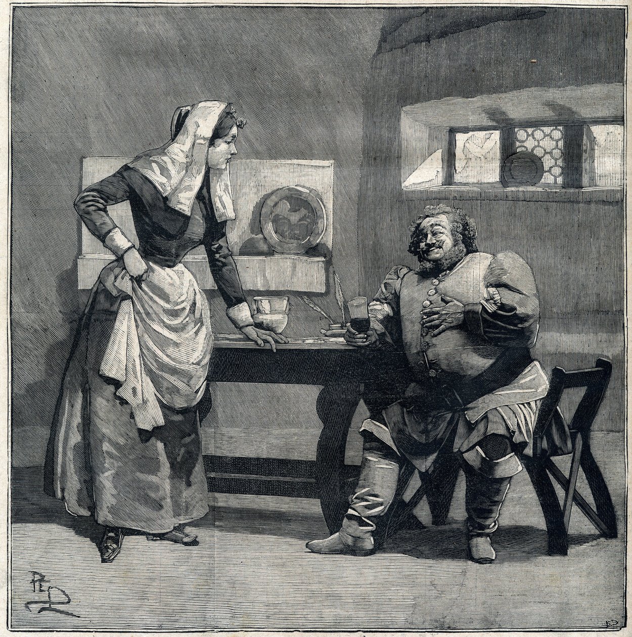 En scene av "Falstaff" fra Opera-eponymet av Giuseppe Verdi ble opprettet i 1893. Gravering i "" Le Parisien"" av Unknown artist