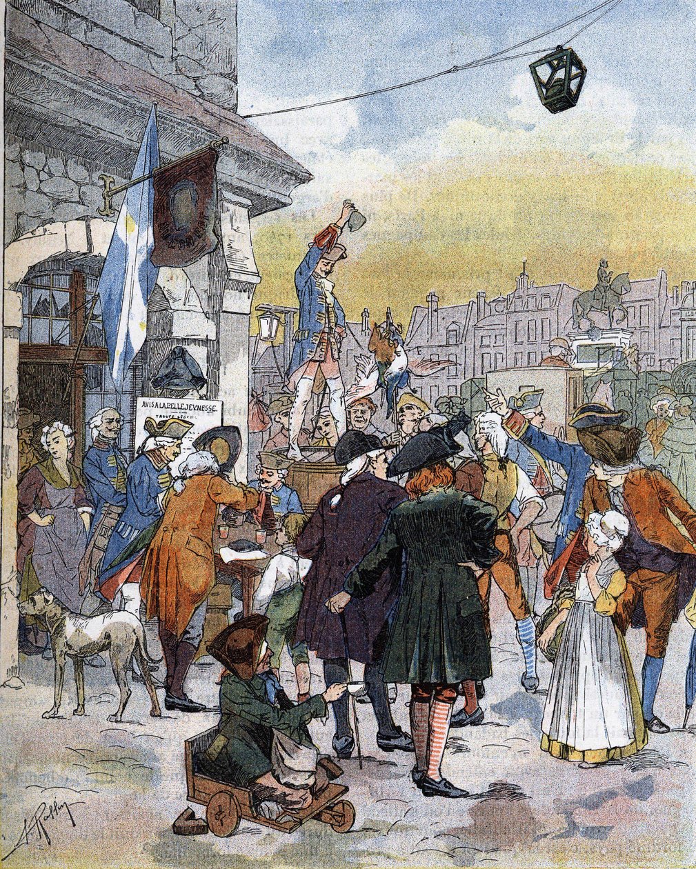 En rekrutteringsscene på 1700-tallet, en illustrasjon av slutten av 1800-tallet. av Unknown artist