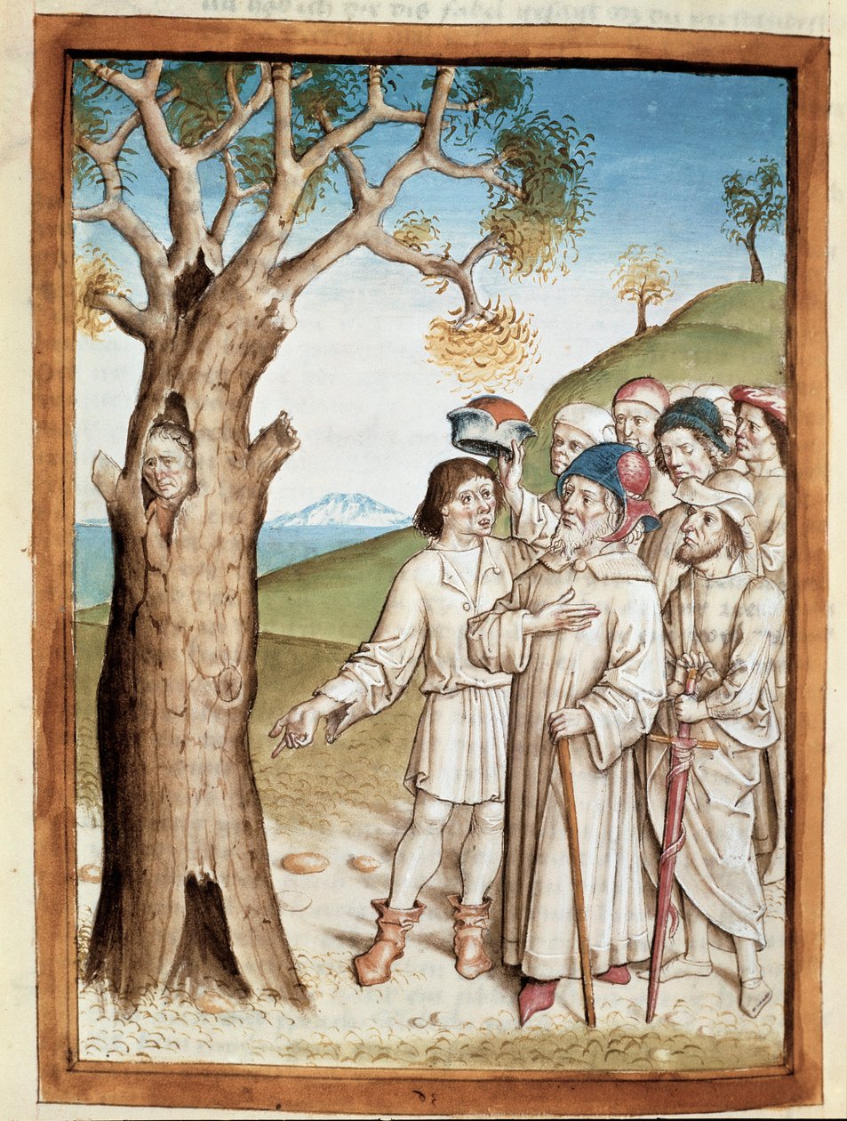 En letemann gjemmer seg i en trestamme i miniatyr fra en tysk oversettelse av fablene til Bidpais "Kalila (Calila) og Dimna". (ms. 1389, fol. 36) rundt 1480 Chantilly, musee Conde av Unknown artist