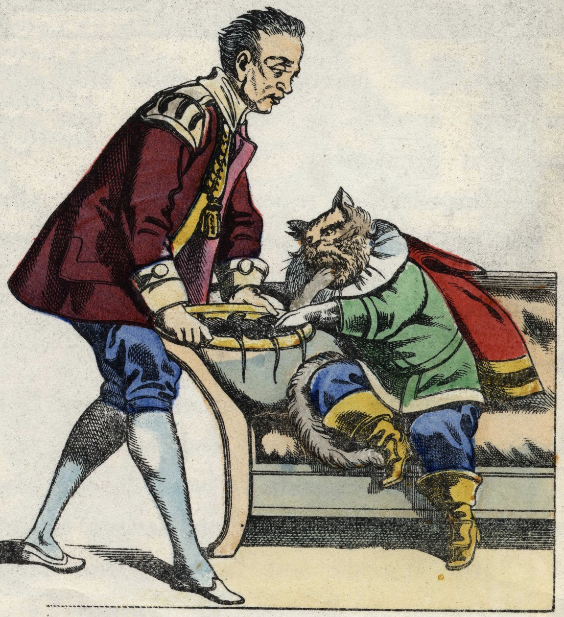 En tjener serverer kattestøvlene et musebrett. Illustrasjon av historien "The cat botte" av Charles Perrault av Unknown artist