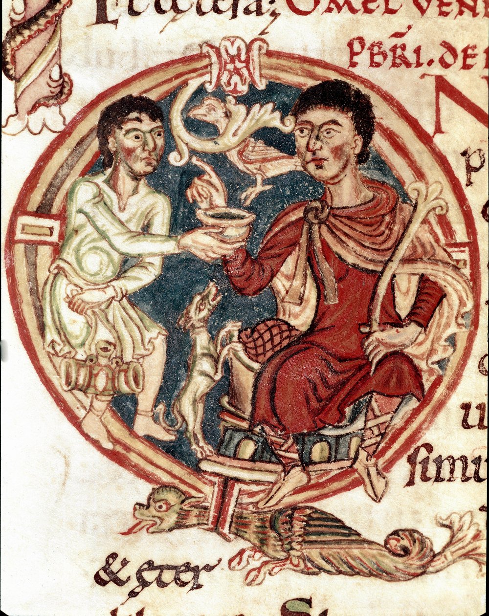 En tjener som serverer drikke til Herren Miniatyr fra «Lectionaire de la Cathedrale de Reims»» Reims fra 1000-tallet, kommunalt bibliotek av Unknown artist