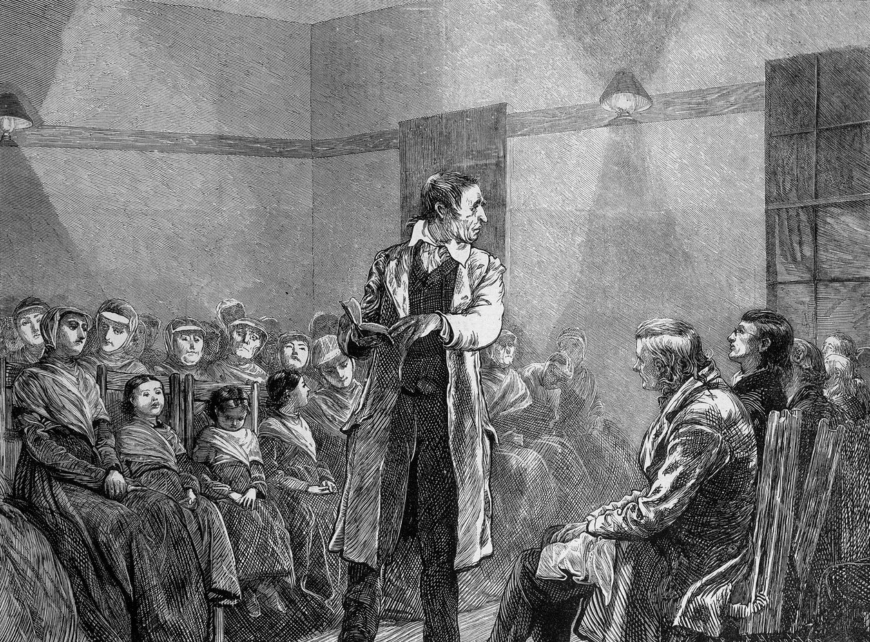 En shaker eller Quaker i USA som leser en tekst av Unknown artist