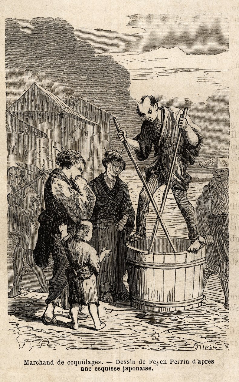 En skjellhandler midt i gaten reiser seg i balanse på tønnen som inneholder varene hans, som han sleper med to lange spisepinner. Gravering for å illustrere reisen til Japan, i 1863-1864, av Aime Humbert, minister for det sveitsiske konføderasjonen, i "L av Unknown artist