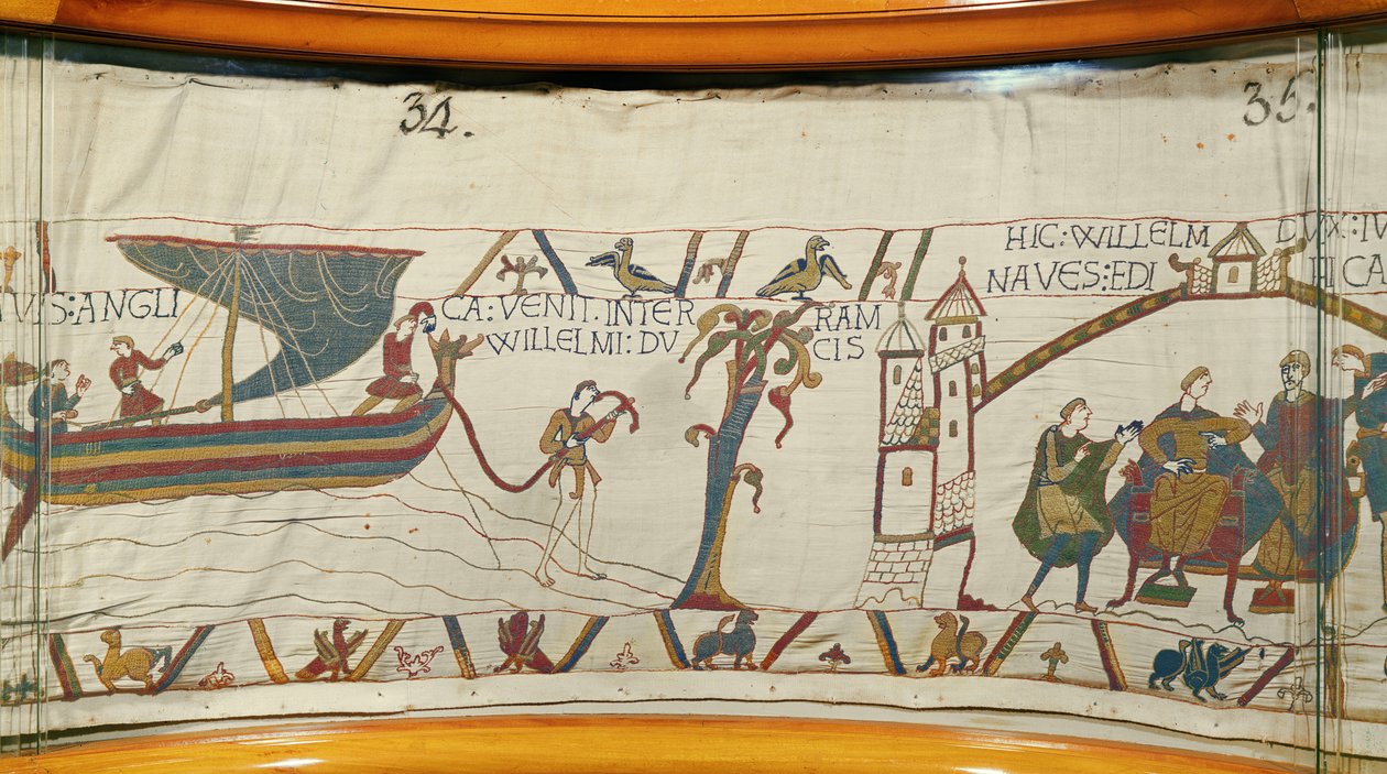 Et skip lander i Normandie og bringer nyheter om Harolds kroning, Bayeux Tapestry (ullbroderi på lin) av Unknown artist