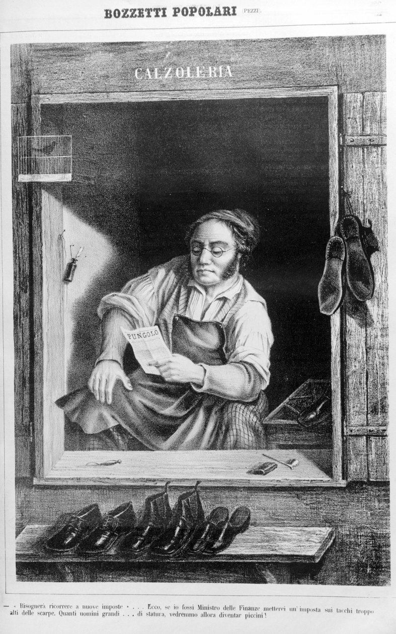 En skomaker på 1800-tallet: Hvis vi legger skatter på hæler for høye, hvor mange høye menn ville blitt små... av Unknown artist