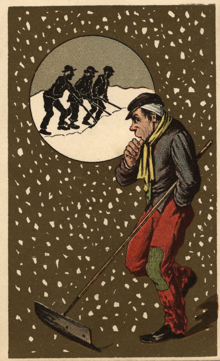 En snøsamler med spaden sin. Anonym kromolitografi, slutten av 1800-tallet. av Unknown artist