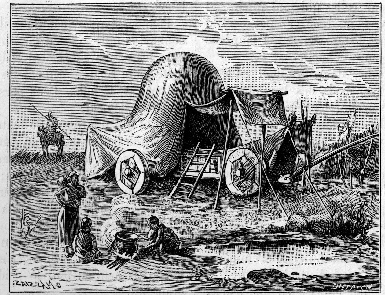 Et telt montert på en tralle fra gallernes tid. Gravering i "" La Nature: revue des sciences et de leurs applications aux arts et a l