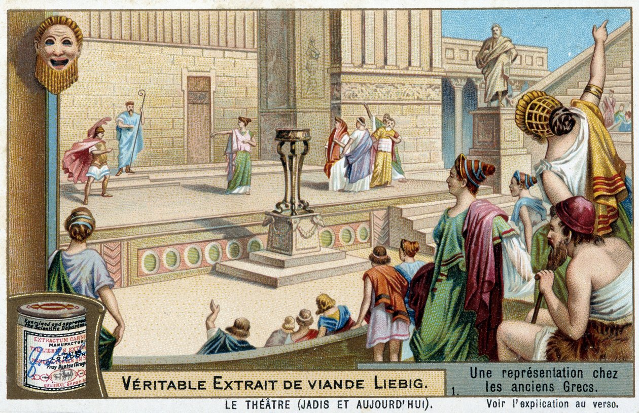 En teaterrepresentasjon i antikkens Hellas - Liebig-kromolitografi av Unknown artist
