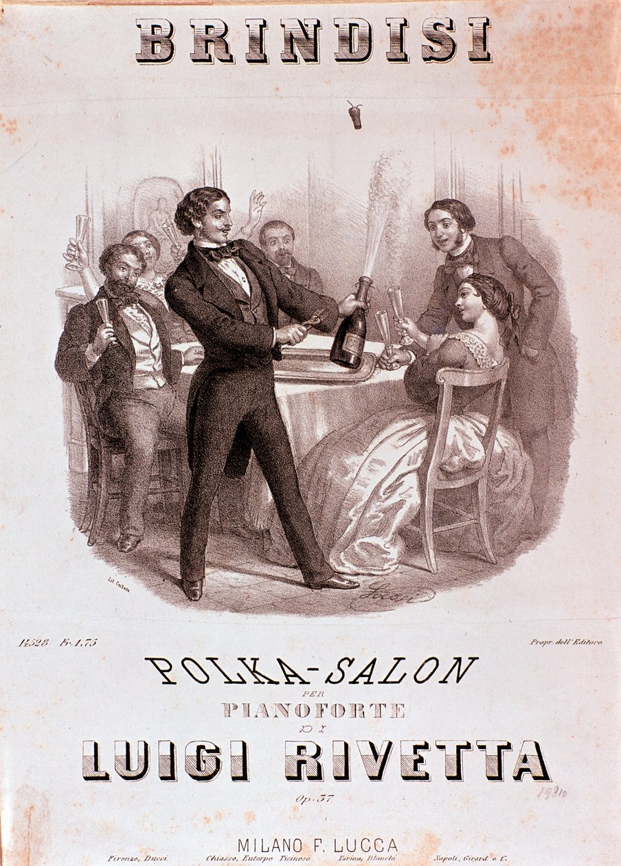En toastscene. Illustrasjon av partituret til Brindisi polka av Rivetta av Unknown artist