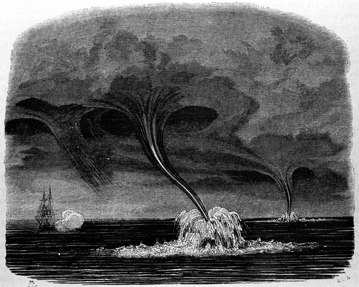 En tornado av vann. 1800-talls gravering. av Unknown artist