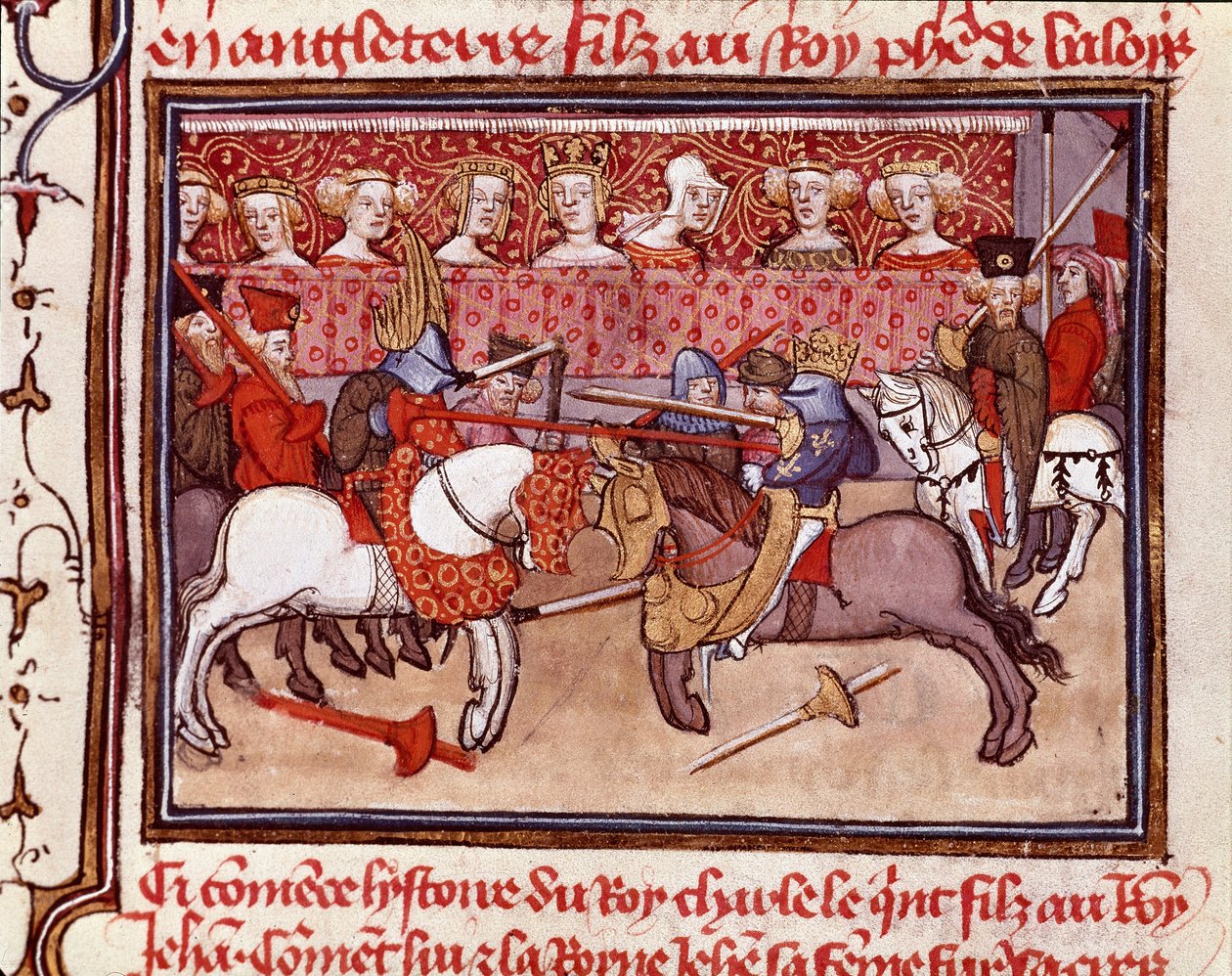 En ridderturnering på tiden for kongen av Frankrike Charles V (1338-1380) Miniatyr hentet fra "" Les grandes Chronicles de France"" Chantilly fra 1300-tallet, Musee Conde av Unknown artist