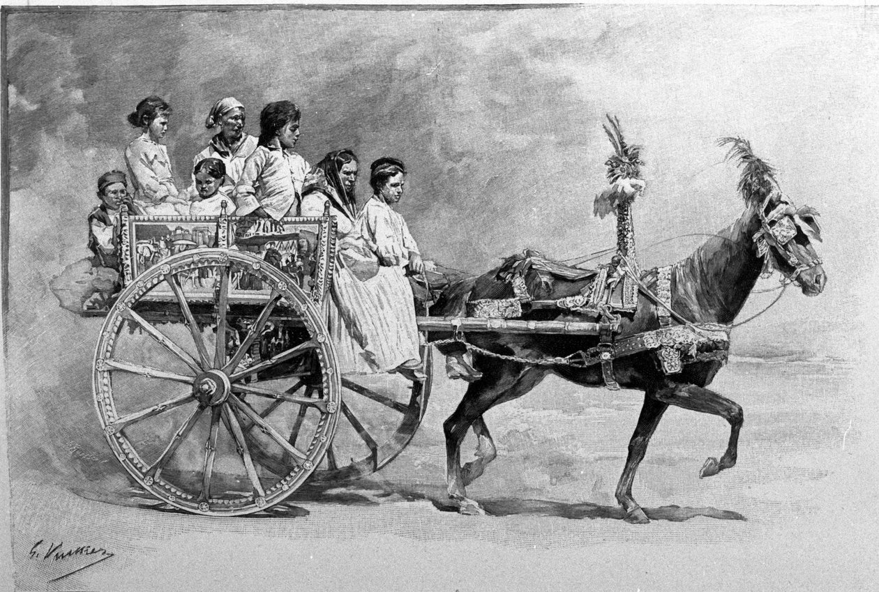 En tradisjonell siciliansk vogn. 1800-talls gravering av Unknown artist