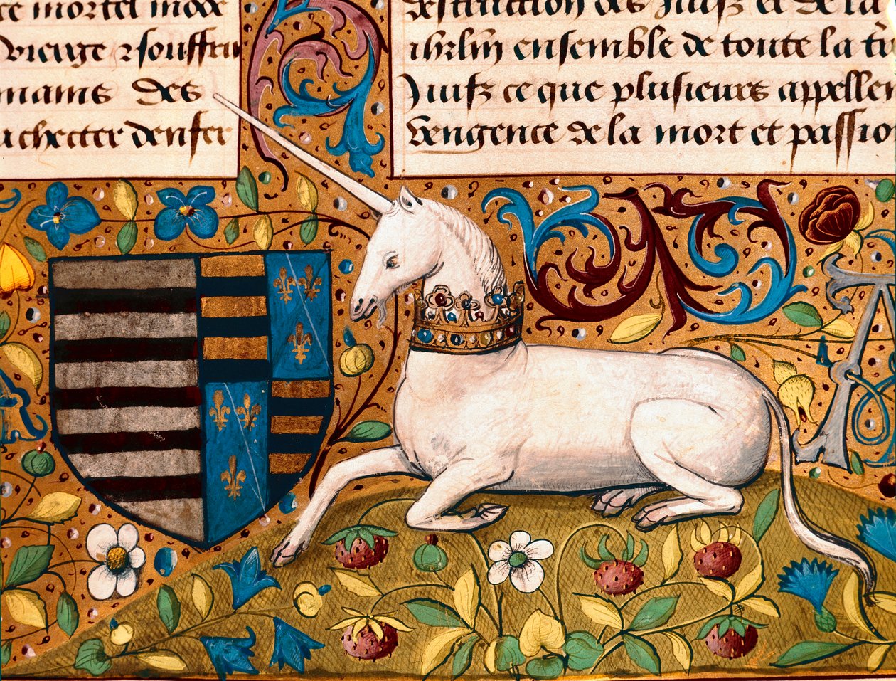 En enhjørning og et våpenskjold Detalj av en manuskriptside fra 1400-tallet - Chantilly, musee Conde - Enhjørning og våpenskjold - Detalj av en miniatyr fra et 15. manuskript - Conde Museum, Chantilly (Frankrike) av Unknown artist