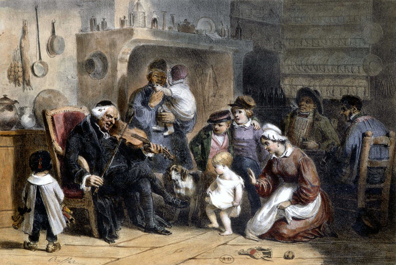 En vakt: familie samlet rundt en prest som spiller fiolin. 1800-tallet. av Unknown artist