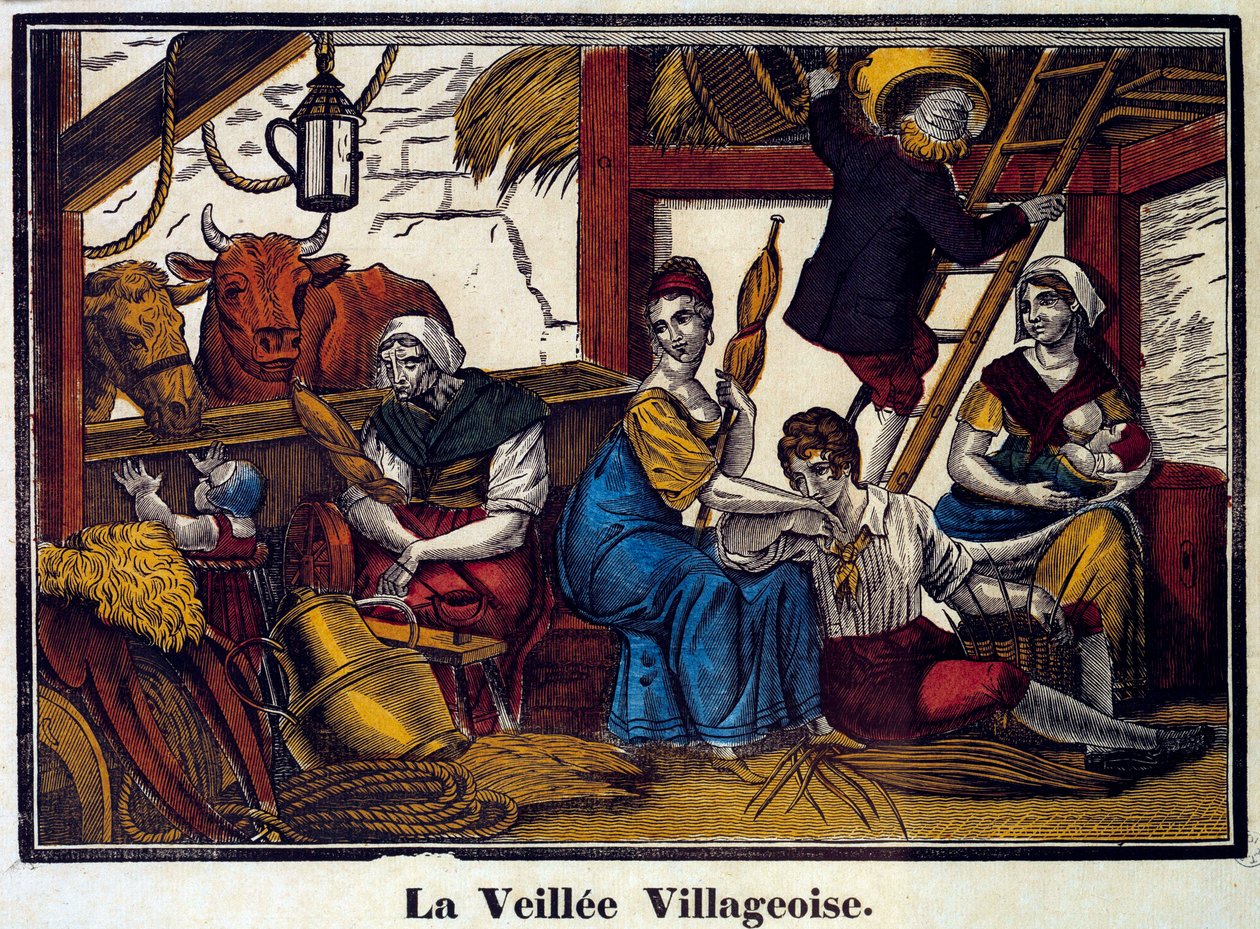 Et landsbyens natteliv: en familie av bønder i en låve. Gravering fra 1800-tallet. Paris, B.N. av Unknown artist