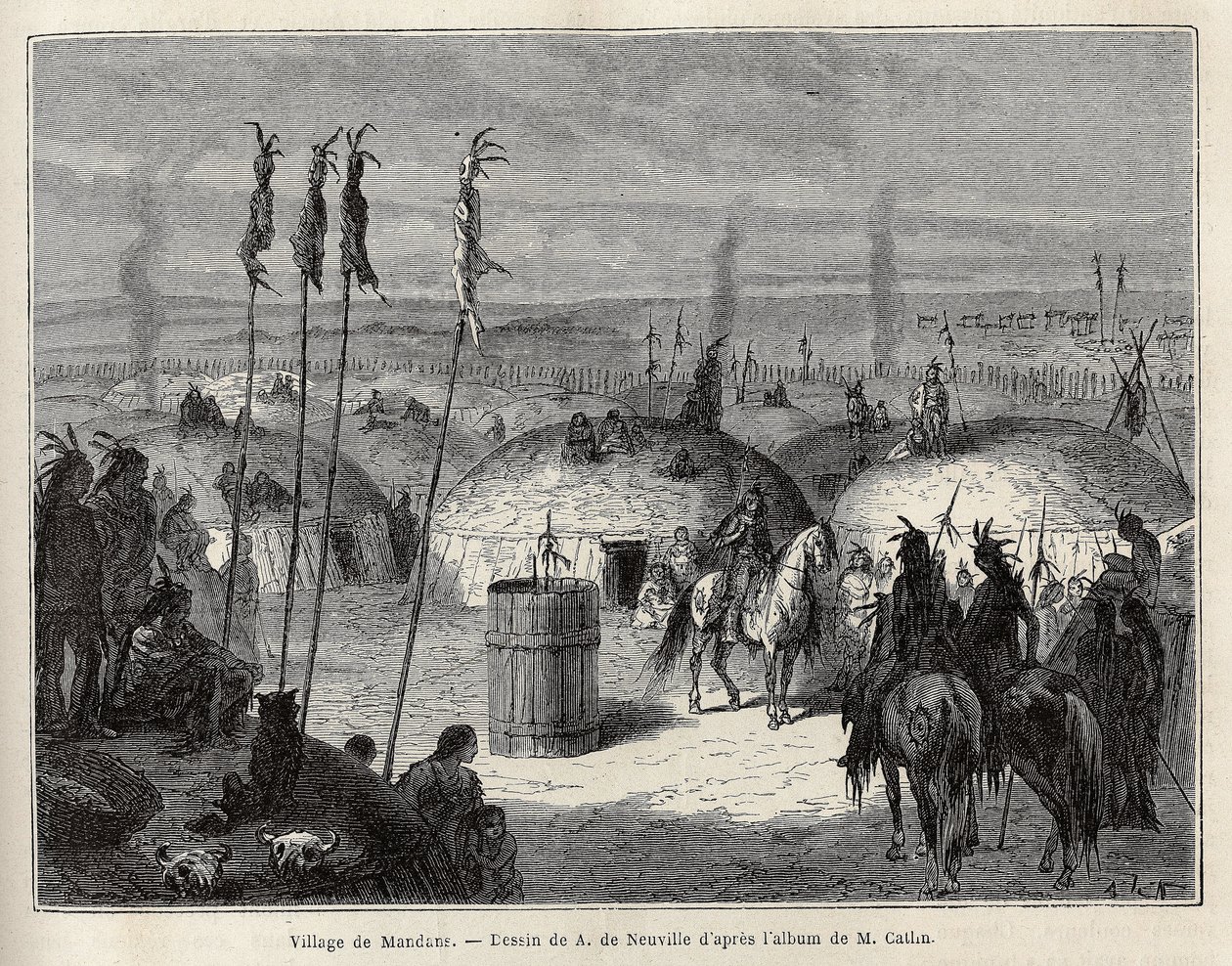 En landsby med Mandans-indianere (eller noumah ka kie: fasaner) på venstre bredd av Missouri, 600 ligaer fra byen Saint Louis. Gravering for å illustrere en ekskursjon blant indianerstammene i bassengene i Colombia og Upper Missouri, av G. Catlin, i 1. av Unknown artist