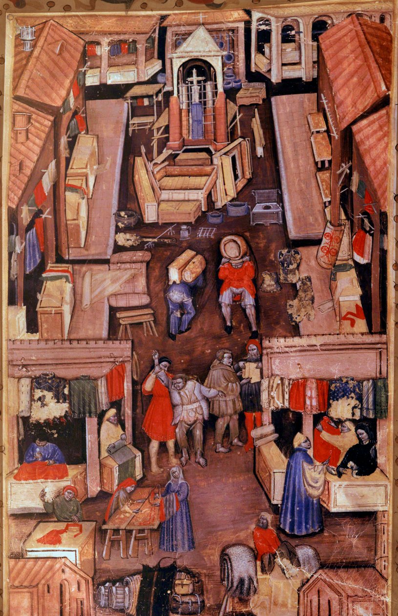 En spasertur: drapere, skreddere, kleshandlere i en fransk by. Øverst, konstruksjon av en miniatyrkirke fra et manuskript fra 1400-tallet Paris, B.N. av Unknown artist