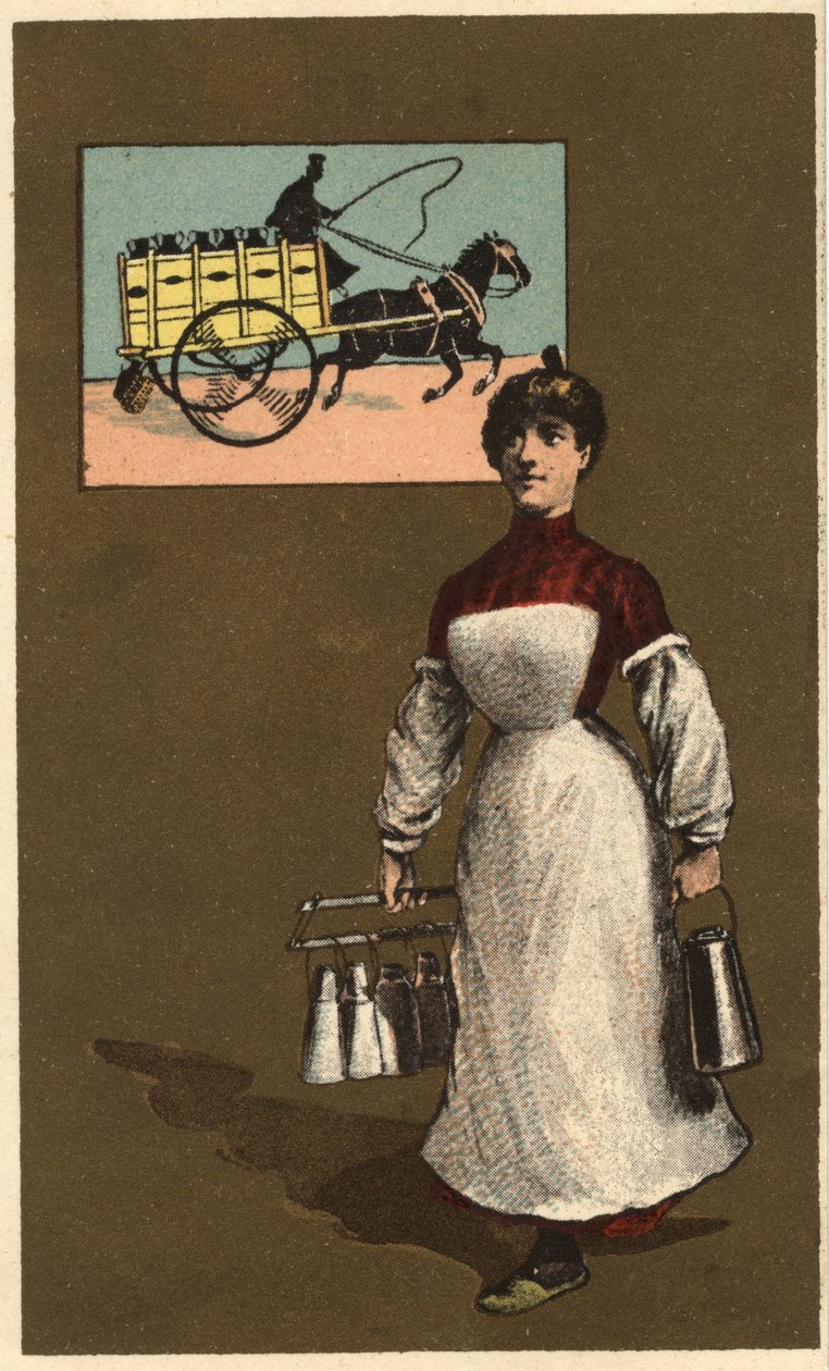 En gående melkehandler (levering eller meieri). Anonym kromolitografi, slutten av 1800-tallet. av Unknown artist