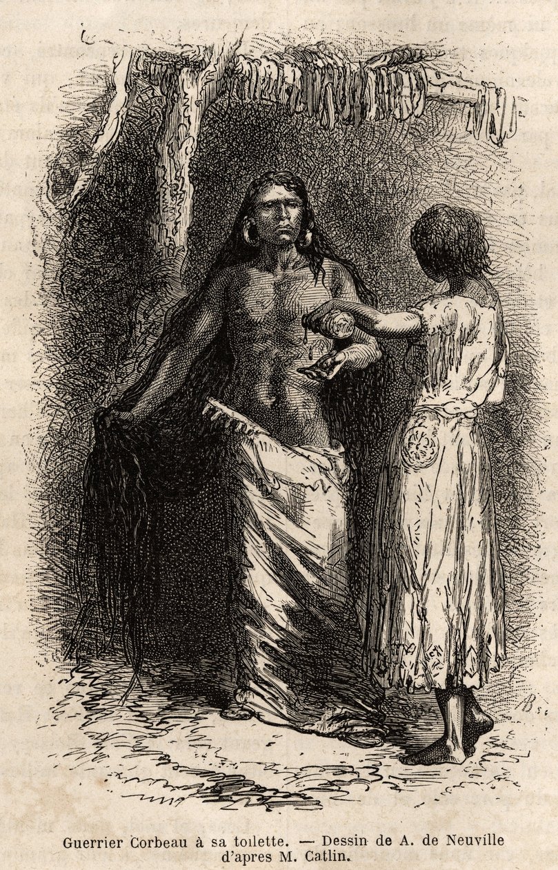 En kriger fra indianerstammen Crow (kråker), som bor langs Lewis River, og gjør toalettet sitt. Gravering for å illustrere en ekskursjon blant indianerstammene i bassengene i Colombia og Upper Missouri, av G. Catlin, i 1855, publisert i "" le tour du monde av Unknown artist