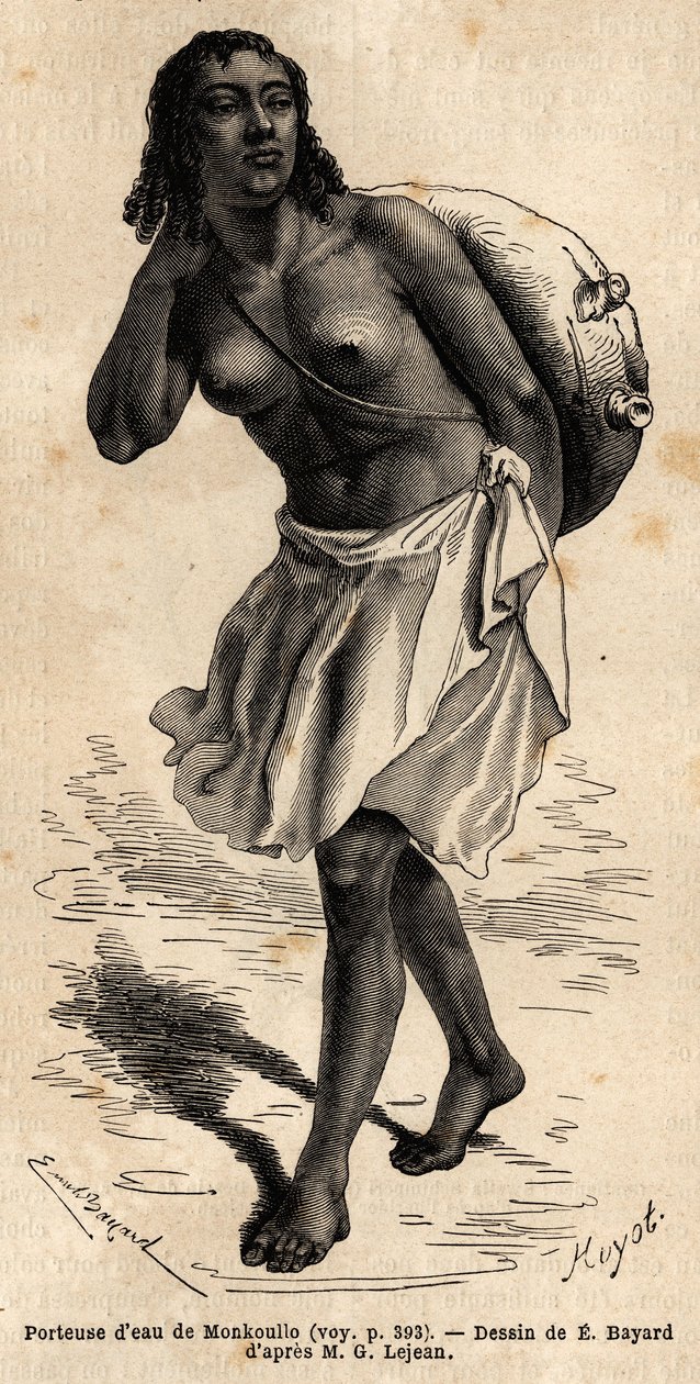 En vannbærer fra Monkoullo, en samharisk kvinne (Etiopia), iført en læroverdel som henger i et langt palmefibertau, som hun tømmer i en stor tank med leire for å vanne dyret. Engravure pour illustrrer le voyage en Abyssinie, en 1862 av Guillaume av Unknown artist