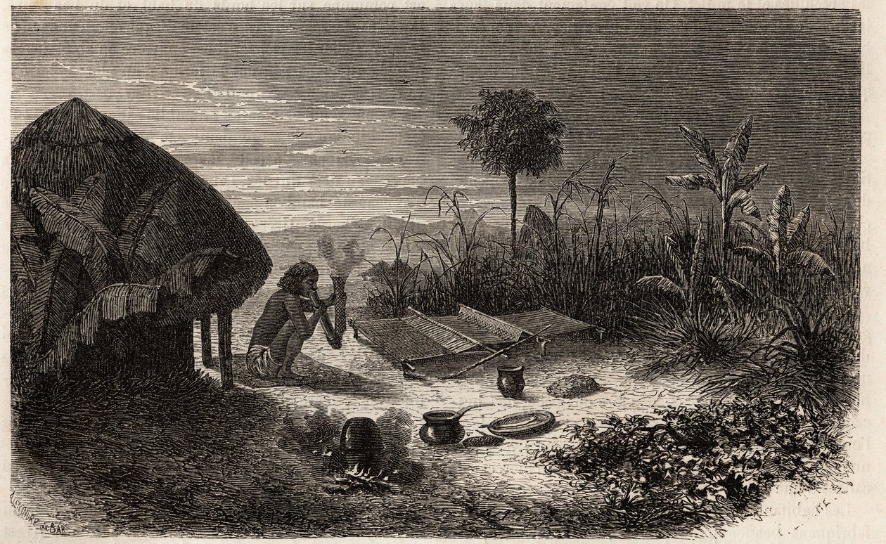 En vever og hans vever, ved bredden av Zambeze-elven. Gravering for å illustrere Dr. Livingstones første reiser til Sør-Afrika fra 1840 til 1856, i «Le tour du monde, nouveau journal des voyages»» publisert under ledelse av Edouard Charton av Unknown artist