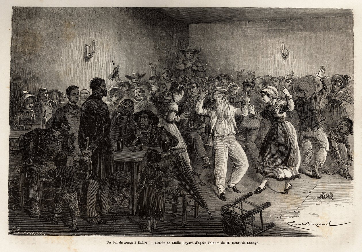 Et bryllupsball i Salers, gravering for å illustrere en reise til vulkanene i det sentrale Frankrike i 1864, i «Le tour du monde, nouveau journal des voyages»» utgitt under ledelse av Edouard Charton av Unknown artist