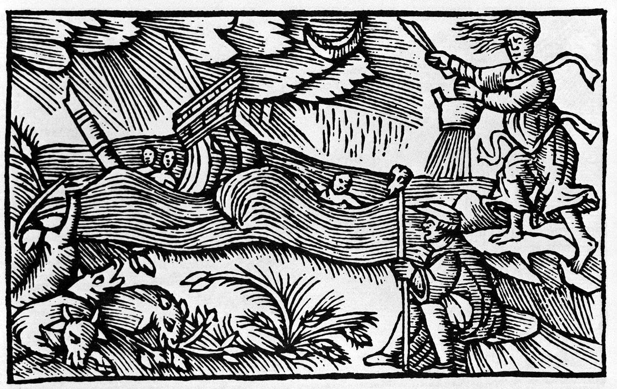 En heks forårsaker storm etter «Historia de gentis nortentrionalibu» av Olaus Magnus, Roma 1555 av Unknown artist