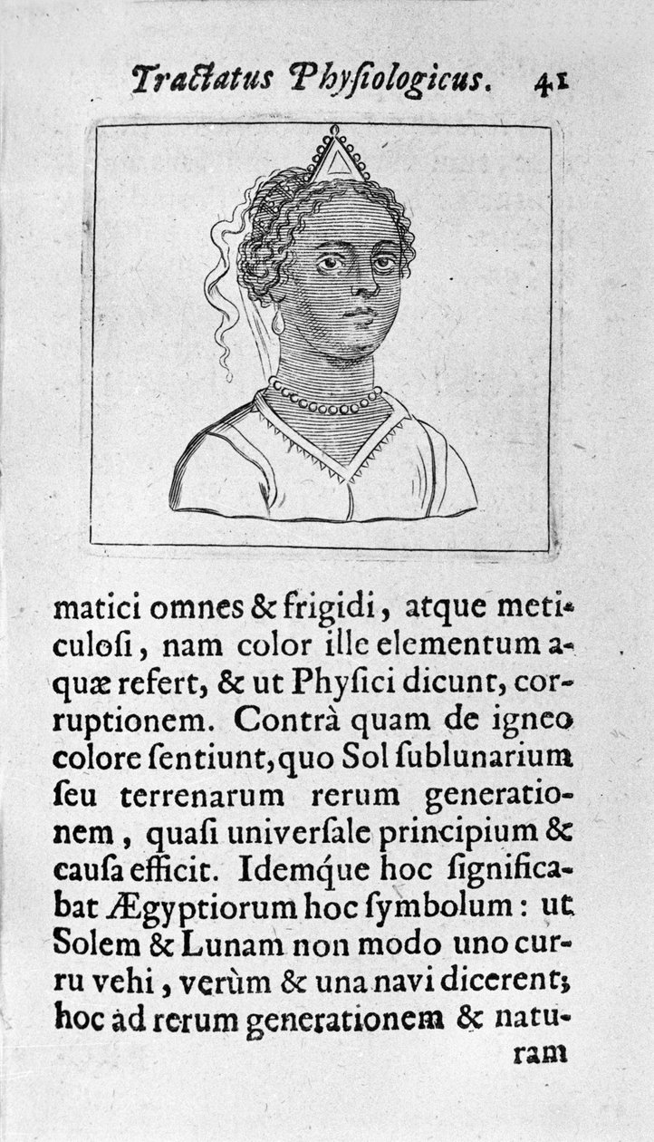 En kvinne har svart hud. Siden hentet fra "" Tractatus physiologicus de pulchritudine""" omhandler Ernesto Venio (Ernestus Vaenius) som forsvarer skaperverkets skjønnhet mot en anonym motstander. 1612 av Unknown artist